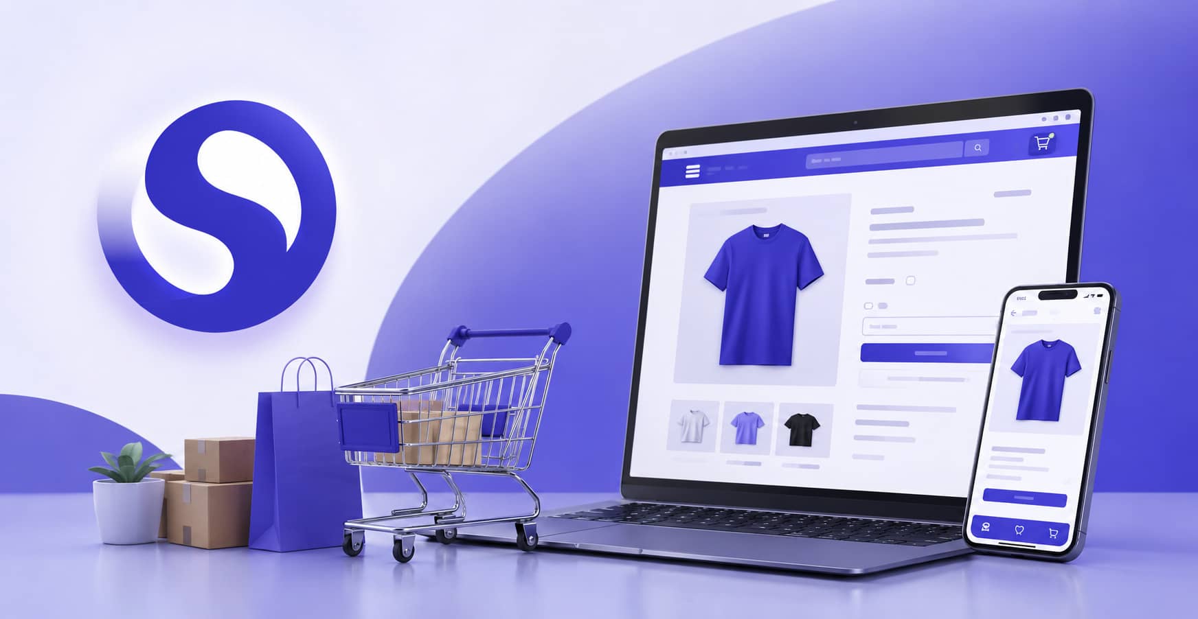 Diseño de tienda online profesional en Valencia mostrado en una escena digital moderna con portátil, móvil y carrito de compra, representando un ecommerce optimizado para vender por internet con el logo de Online Studio.