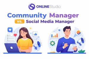 diferencia entre community manager y social media manager ilustración con logo de Online Studio