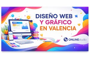 Imagen corporativa horizontal con fondo creativo y logo de Online Studio sobre diseño gráfico moderno