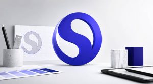 Diseño de logotipo moderno con elementos de branding y herramientas creativas representando la identidad visual de una marca