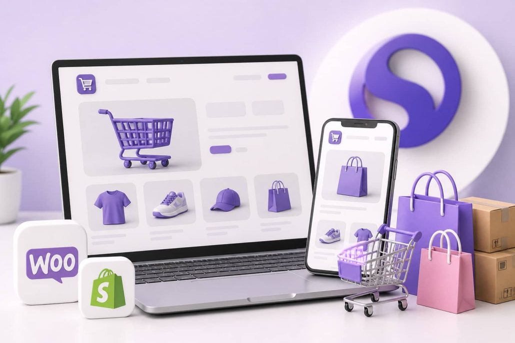 tienda online moderna en portátil y móvil con carrito de compra y elementos ecommerce en tonos morados