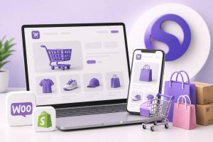 tienda online moderna en portátil y móvil con carrito de compra y elementos ecommerce en tonos morados