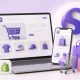 tienda online moderna en portátil y móvil con carrito de compra y elementos ecommerce en tonos morados