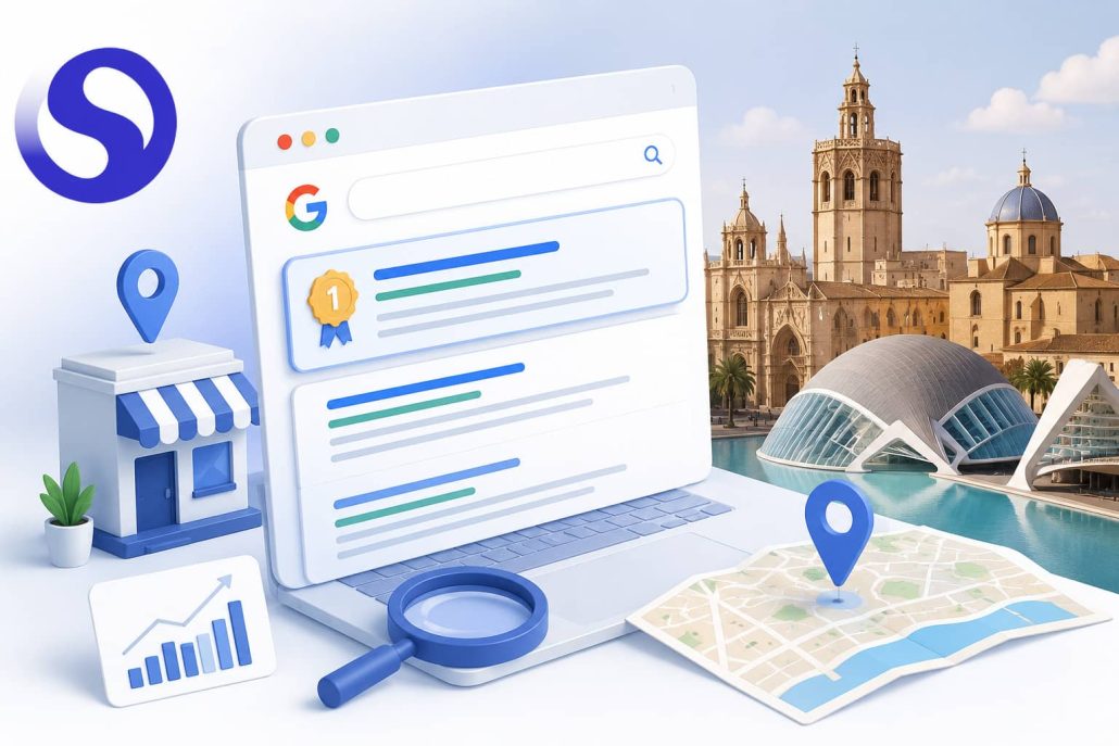 Ilustración de un negocio local en Valencia mejorando su posicionamiento para aparecer en la primera página de Google.