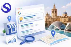 Ilustración de un negocio local en Valencia mejorando su posicionamiento para aparecer en la primera página de Google.