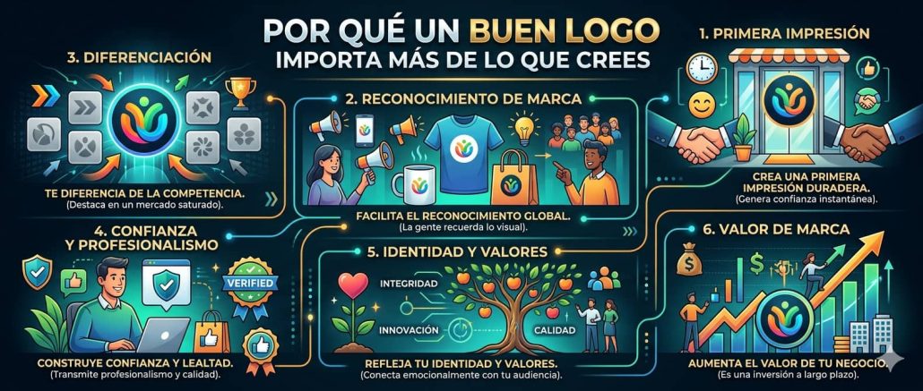 Infografía moderna sobre branding con seis puntos ilustrados