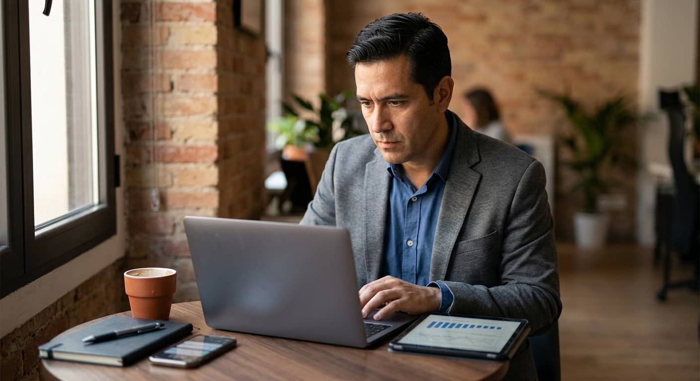 "Hombre de negocios serio trabajando con una computadora portátil en una cafetería junto a la ventana, consultando gráficos en una tableta