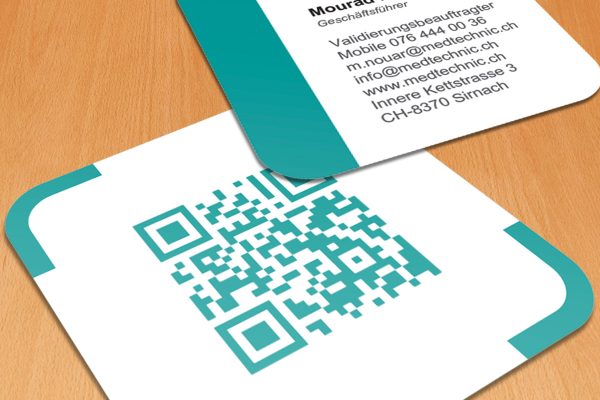 Diseño de tarjetas de visita para Medtechnic, una empresa especializada en venta de materiales médicos en Suiza